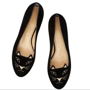 Charlotte Olympia Black Velvet Kitty Flats 38.5